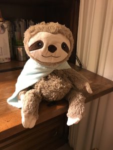 stuffed sloth sitting on desk
